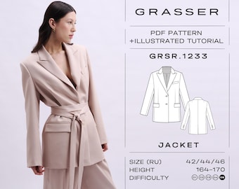 May include: A woman wearing a light beige blazer with a matching belt and pants. The blazer has a wrap-style design and a pocket. The image also includes a diagram of the jacket and the text "GRASSER", "PDF PATTERN + ILLUSTRATED TUTORIAL", "GRSR.1233", and "JACKET".