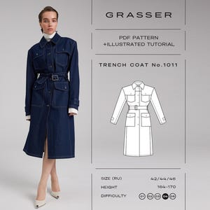Cartamodello per trench in denim n. 1011 / Giacca utility con cintura / Taglie 42 / 44 / 46 (RU)