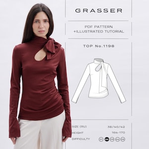 Puede incluir: Una blusa de manga larga color burdeos con cuello alto, detalle de lazo lateral y una abertura en el pecho. La imagen incluye el texto: GRASSER, PDF PATTERN + ILLUSTRATED TUTORIAL, TOP No.1198, SIZE (RU) 38/40/42, HEIGHT 164-170, DIFFICULTY 02.