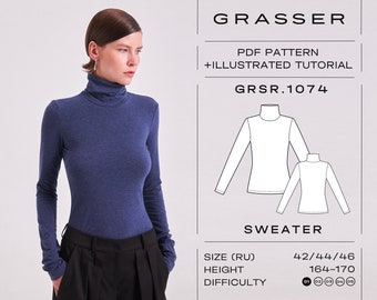 Könnte beinhalten: Ein PDF-Schnittmuster für einen langärmeligen Pullover mit Rollkragen. Das Schnittmuster beinhaltet ein illustriertes Tutorial. Das Schnittmuster ist für die Größen 42, 44 und 46 geeignet und für eine Körpergröße von 164-170 cm. Der Schwierigkeitsgrad ist mit 1 von 5 bewertet.