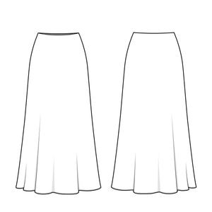 May include: A line drawing of a skirt with a wide, A-line silhouette. The skirt is shown from the front and back.