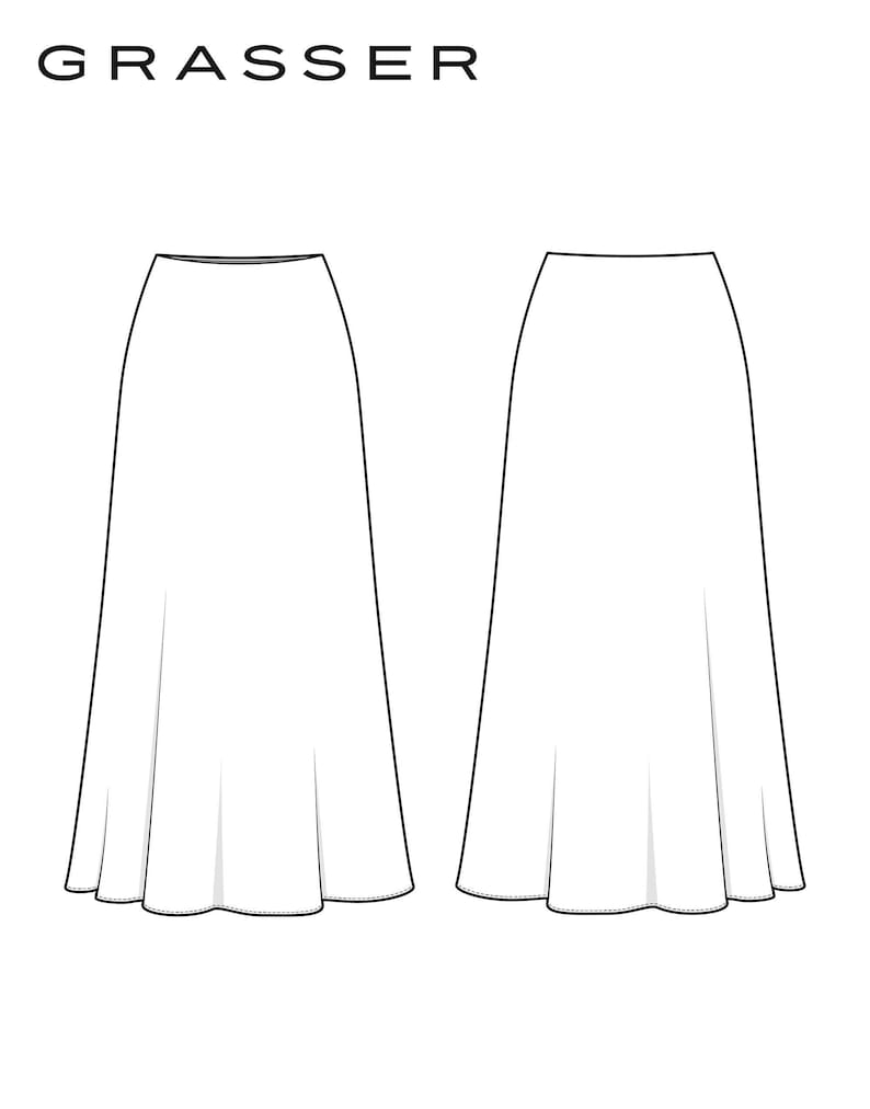 May include: A line drawing of a skirt with a wide, A-line silhouette. The skirt is shown from the front and back.
