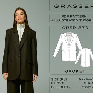 Suit jacket pdf sewing pattern for women with tutorial sizes 42 / 44 / 46 (RU) | model No. 870