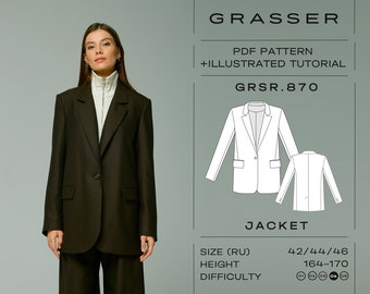 Suit jacket pdf sewing pattern for women with tutorial sizes 42 / 44 / 46 (RU) | model No. 870