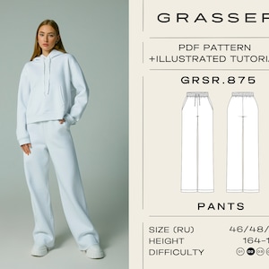 Puede incluir: Un patrón de costura PDF para pantalones, con un tutorial ilustrado. El patrón es para las tallas 46, 48 y 50, y es adecuado para alturas de 164-170 cm. El nivel de dificultad está clasificado como 1, 3, 4 y 8.