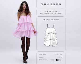 Puede incluir: Un vestido corto de color rosa claro con niveles, tirantes finos y una silueta con volantes. La imagen incluye el texto: GRASSER, PDF PATTERN + ILLUSTRATED TUTORIAL, DRESS No.1188, SIZE (RU) 42/44/46, HEIGHT 164-170 y un nivel de dificultad.