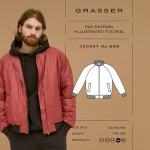 Könnte beinhalten: Ein PDF-Schnittmuster und eine illustrierte Anleitung für die Jacke Nr. 899 von Grasser. Das Bild zeigt eine rote Bomberjacke mit einem schwarzen Kapuzenpullover darunter sowie eine technische Strichzeichnung der Jacke, Größenangaben und Schwierigkeitsgrad.