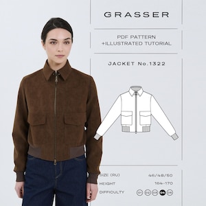 May include: A brown suede jacket with a zipper closure and two front pockets. The image also includes a diagram of the jacket and the text "GRASSER PDF PATTERN + ILLUSTRATED TUTORIAL JACKET No.1322". The jacket is worn by a person.