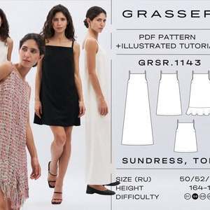 May include: A PDF sewing pattern for a sundress or top, with a size range of 50/52/54 and a height range of 164-170 cm. The pattern is labelled "GRSR.1143" and includes an illustrated tutorial. The difficulty level is rated as 1-5.