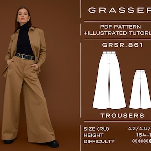 Puede incluir: Un patrón de costura PDF para pantalones de pierna ancha, con un tutorial ilustrado. El patrón es para las tallas 42, 44 y 46, y es adecuado para alturas entre 164 y 170 cm. El nivel de dificultad está clasificado como 01, 02, 03, 04 o 05.