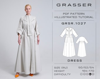 May include: A digital sewing pattern for a long, white dress with a zipper down the front and pockets on the sides. The pattern includes a PDF file and an illustrated tutorial. The pattern is for sizes 50/52/54 and is suitable for heights of 164-170 cm. The difficulty level is rated 4 out of 5.