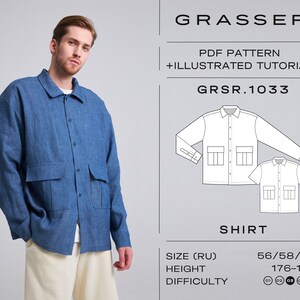 May include: A PDF sewing pattern for a blue shirt with a button-down collar and two large pockets. The pattern includes an illustrated tutorial and is for sizes 56, 58, and 60. The pattern is for a height of 176-182 cm and has a difficulty level of 1-5.