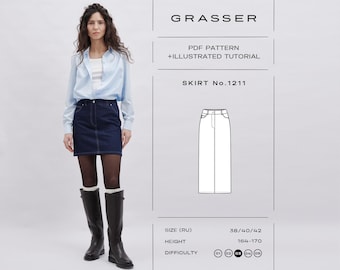 May include: A PDF pattern and illustrated tutorial for Skirt No. 1211 by Grasser. The image displays a dark blue denim skirt with white contrast stitching, a button closure, and pockets, alongside a technical line drawing of the skirt design.