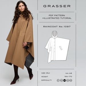Puede incluir: Un impermeable color canela con capucha y cierre frontal de botones. La imagen incluye el texto: GRASSER, PDF PATTERN + ILLUSTRATED TUTORIAL, RAINCOAT No.1097, SIZE (RU) 44-48, HEIGHT 164-170, DIFFICULTY 03 y un dibujo técnico de la prenda.