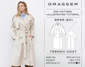 May include: A beige trench coat with a double-breasted design, belted waist, and button details. The image also includes a pattern for the coat, labeled "TRENCH COAT" and the text "GRASSER". The pattern includes size and difficulty information.