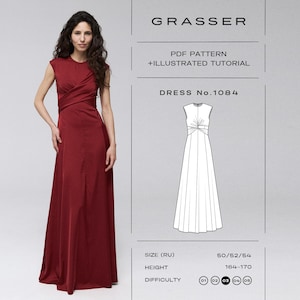 Puede incluir: Una mujer con un vestido largo burdeos con diseño de manga corta. La imagen también presenta un dibujo lineal del vestido, junto con el texto "GRASSER", "PDF PATTERN + ILLUSTRATED TUTORIAL" y "DRESS No.1084".