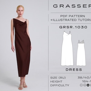 Bias cut dress sewing pattern with tutorial | sizes 38 / 40 / 42 (RU) | model No. 1030