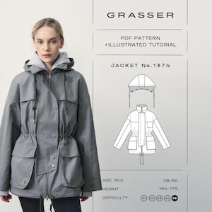 Könnte beinhalten: Eine graue Kapuzenjacke mit Reißverschluss, Druckknöpfen und Kordelzug in der Taille. Das Bild enthält den Text: GRASSER, PDF PATTERN + ILLUSTRATED TUTORIAL, JACKET No.1374, SIZE (RU) 38-56, HEIGHT 164-170, sowie eine technische Skizze.