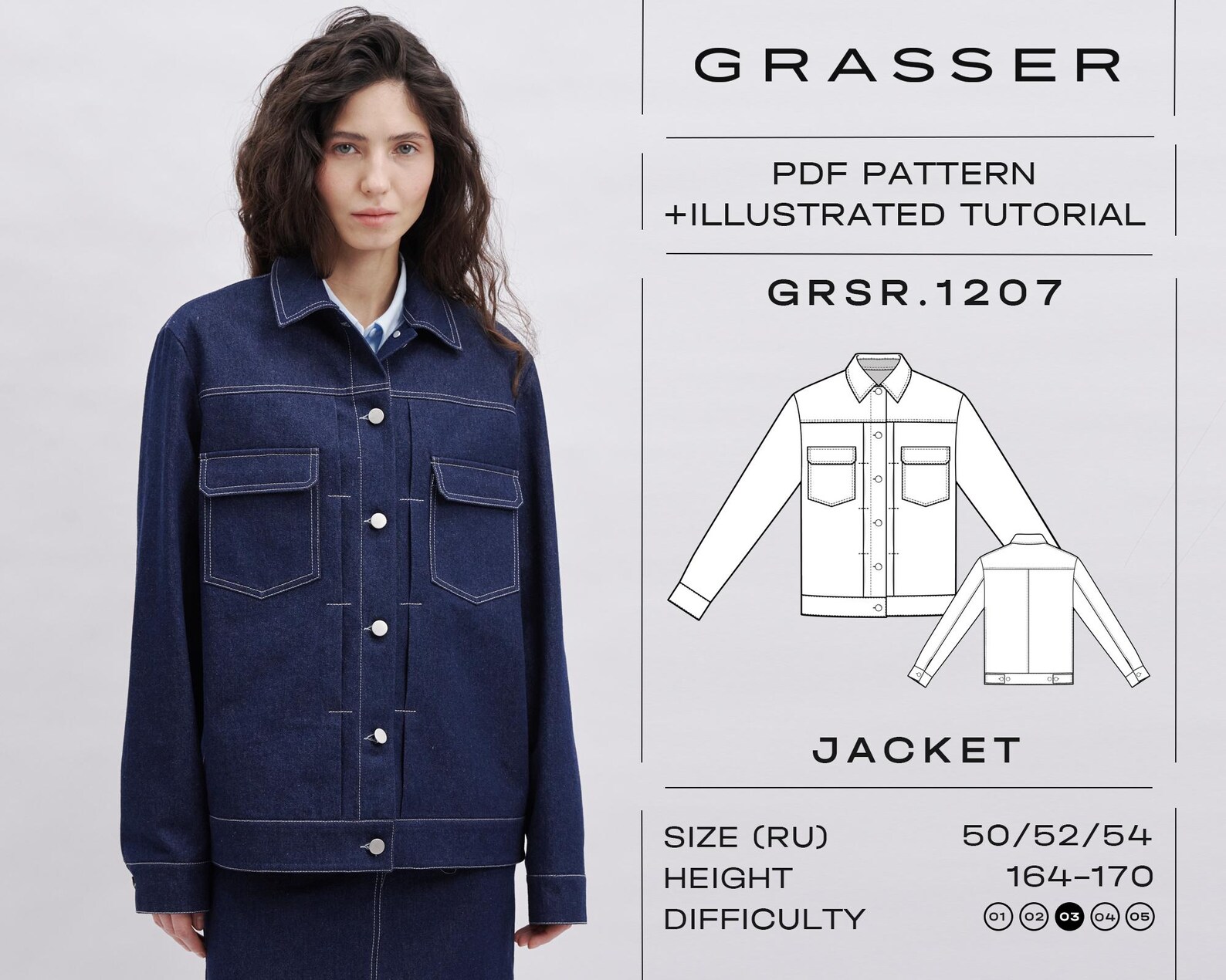 Denim Jacket PDF Sewing Pattern for Women | Sizes 50 / 52 / 54 (RU ...