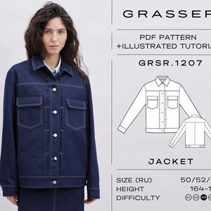 Può includere: Un cartamodello PDF per una giacca di jeans, con un'illustrazione a linea della giacca. Il cartamodello è per le taglie 50/52/54 e le altezze 164-170 cm. Il livello di difficoltà è classificato da 01 a 05.