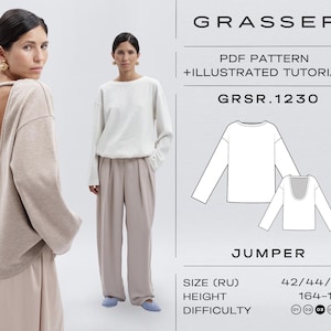 Peut inclure: Une femme porte un pull beige à dos nu, et une autre porte un pull blanc et un pantalon beige. L'image comprend un schéma de patron et le texte "GRASSER PDF PATTERN + ILLUSTRATED TUTORIAL JUMPER GRSR.1230".