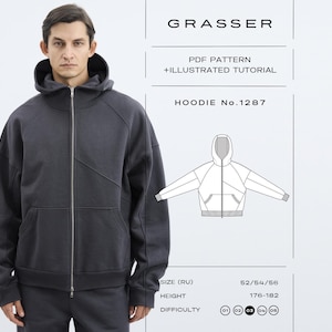 Könnte beinhalten: Ein dunkelgrauer Kapuzenpullover mit Reißverschluss, Kapuze, langen Ärmeln und einer Vordertasche. Das Bild enthält den Text: GRASSER, PDF PATTERN + ILLUSTRATED TUTORIAL, HOODIE No.1287, SIZE (RU) 52/54/56, HEIGHT 176-182 und einen Schwierigkeitsgrad 03.