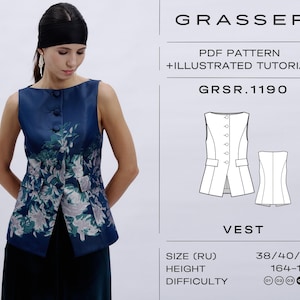 May include: A PDF sewing pattern for a vest with a floral print. The pattern includes an illustrated tutorial and is for sizes 38, 40, and 42. The pattern is for a height of 164-170 cm and has a difficulty level of 1-5.