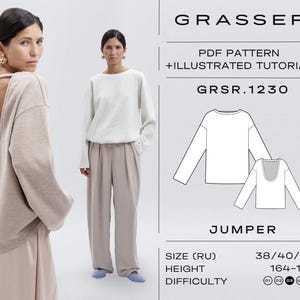 May include: A beige jumper with a low back and long sleeves is modeled. The image also features a white jumper and a pattern diagram. Text on the image reads "GRASSER PDF PATTERN + ILLUSTRATED TUTORIAL GRSR.1230 JUMPER".