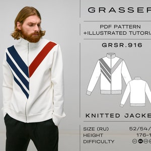 Könnte beinhalten: Eine weiße Strickjacke mit einem roten, blauen und weißen Chevron-Muster. Die Jacke hat einen Reißverschluss und einen Stehkragen. Der Text "GRASSER", "PDF PATTERN +ILLUSTRATED TUTORIAL", "GRSR.916", "KNITTED JACKET", "SIZE (RU) 52/54/56", "HEIGHT 176-182", und "DIFFICULTY (01) (02) (03) (04) (08)" ist auf dem Bild gedruckt.