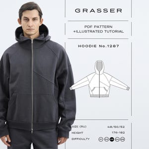 May include: A dark gray zip-up hoodie with a hood, long sleeves, and a front pocket. The image includes text: GRASSER, PDF PATTERN + ILLUSTRATED TUTORIAL, HOODIE No.1287, SIZE (RU) 48/50/52, HEIGHT 176-182, and a technical line drawing of the hoodie.