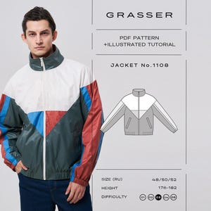 Naaipatroon PDF voor een windjack voor heren | Maten 48 / 50 / 52 (RU) | Grasser patroon nr. 1108