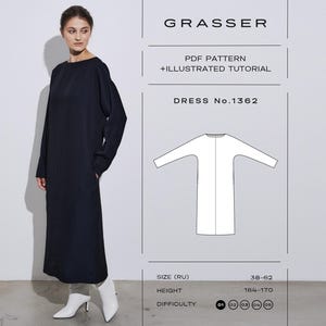 Puede incluir: Un vestido azul marino de manga larga con cuello redondo y silueta recta. La imagen incluye el texto GRASSER, PDF PATTERN + ILLUSTRATED TUTORIAL, DRESS No.1362, SIZE (RU) 38-62, HEIGHT 164-170 y un dibujo lineal del vestido.