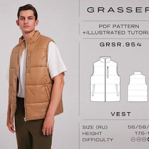 Puffer vest pdf sewing pattern for men | sizes 56 / 58 / 60 (RU) | model No. 954