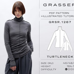 Könnte beinhalten: Eine Person trägt ein graues Rollkragentop und eine dunkelgraue Hose. Das Bild enthält ein Diagramm und den Text "GRASSER PDF PATTERN + ILLUSTRATED TUTORIAL GRSR.1267 TURTLENECK SIZE (RU) 46/48/50 HEIGHT 164-170 DIFFICULTY".