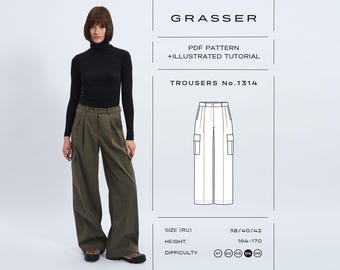 May include: A woman in a black turtleneck and olive green trousers. The image features a line drawing of the trousers, labelled "TROUSERS No.1314", and details about the pattern, including size and difficulty.
