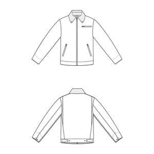 K&ouml;nnte beinhalten: Technische Zeichnung einer wei&szlig;en Jacke mit Kragen, Rei&szlig;verschluss und zwei Vordertaschen. Die Jacke hat lange &Auml;rmel und eine kleine Brusttasche. Das Wort "GRASSER" steht oben.