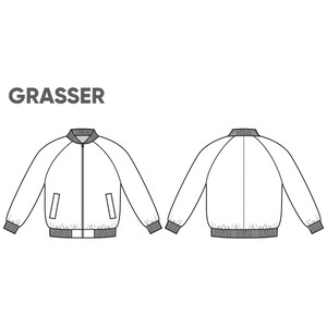 May include: A black and white technical line drawing of a bomber jacket shown from the front and back views. The jacket features a ribbed collar, cuffs, and hem, a central zipper closure, and two side pockets. The word GRASSER is printed in bold.