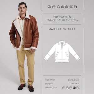 May include: A brown shearling jacket with a cream-coloured interior and collar is worn with tan trousers and brown shoes. The image includes a diagram of the jacket and text that reads "GRASSER PDF PATTERN + ILLUSTRATED TUTORIAL JACKET No.1053".