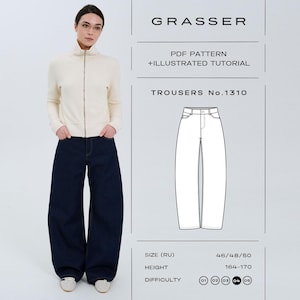 Può includere: Una persona indossa una giacca crema con zip e pantaloni blu scuro. L'immagine include un diagramma di pantaloni e il testo "GRASSER PDF PATTERN + ILLUSTRATED TUTORIAL TROUSERS No.1310". La taglia è 46/48/50, altezza 164-170cm, e livello di difficoltà 01-05.