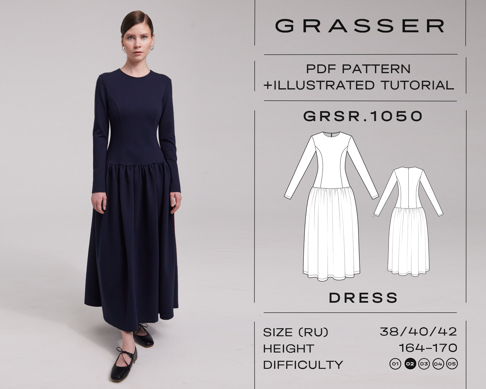 Jersey dress pdf sewing pattern with tutorial | sizes 38 / 40 / 42 (RU) | model No. 1050