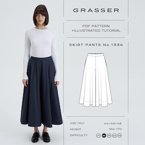 Könnte beinhalten: Eine Frau trägt ein weißes Langarmshirt und eine marineblaue Hose. Das Bild enthält eine Strichzeichnung der Hose und den Text "GRASSER PDF PATTERN + ILLUSTRATED TUTORIAL SKIRT PANTS No.1334".