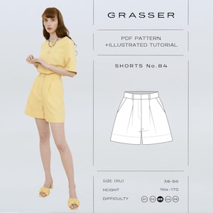 Puede incluir: Un patrón de costura digital para pantalones cortos etiquetado como GRASSER SHORTS No.84, con un dibujo técnico de pantalones cortos plisados con cinturilla, junto con texto que indica patrón PDF, tutorial ilustrado, tallas 38-56 y altura 164-170.