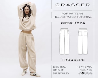 May include: A beige sweat suit consisting of a cropped sweatshirt and matching sweatpants. The image also includes a graphic with the text "GRASSER PDF PATTERN + ILLUSTRATED TUTORIAL GRSR.1274 TROUSERS". The size is 46/48/50 and the height is 164-170.