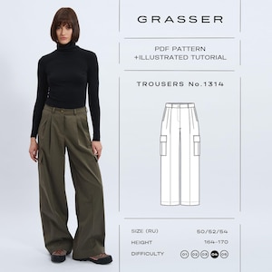May include: A woman in a black turtleneck and olive green trousers. The image features a diagram of the trousers, labelled "TROUSERS No.1314". The text "GRASSER" and "PDF PATTERN + ILLUSTRATED TUTORIAL" are also visible.