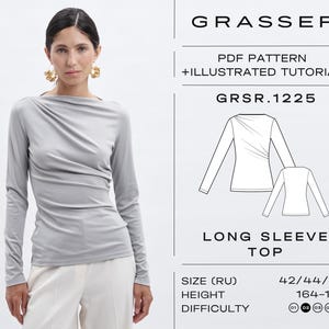 Puede incluir: Una mujer con una camiseta de manga larga gris claro con un escote drapeado. La imagen también muestra un patrón para una camiseta de manga larga con el texto "GRASSER", "PDF PATTERN + ILLUSTRATED TUTORIAL" y "GRSR.1225".