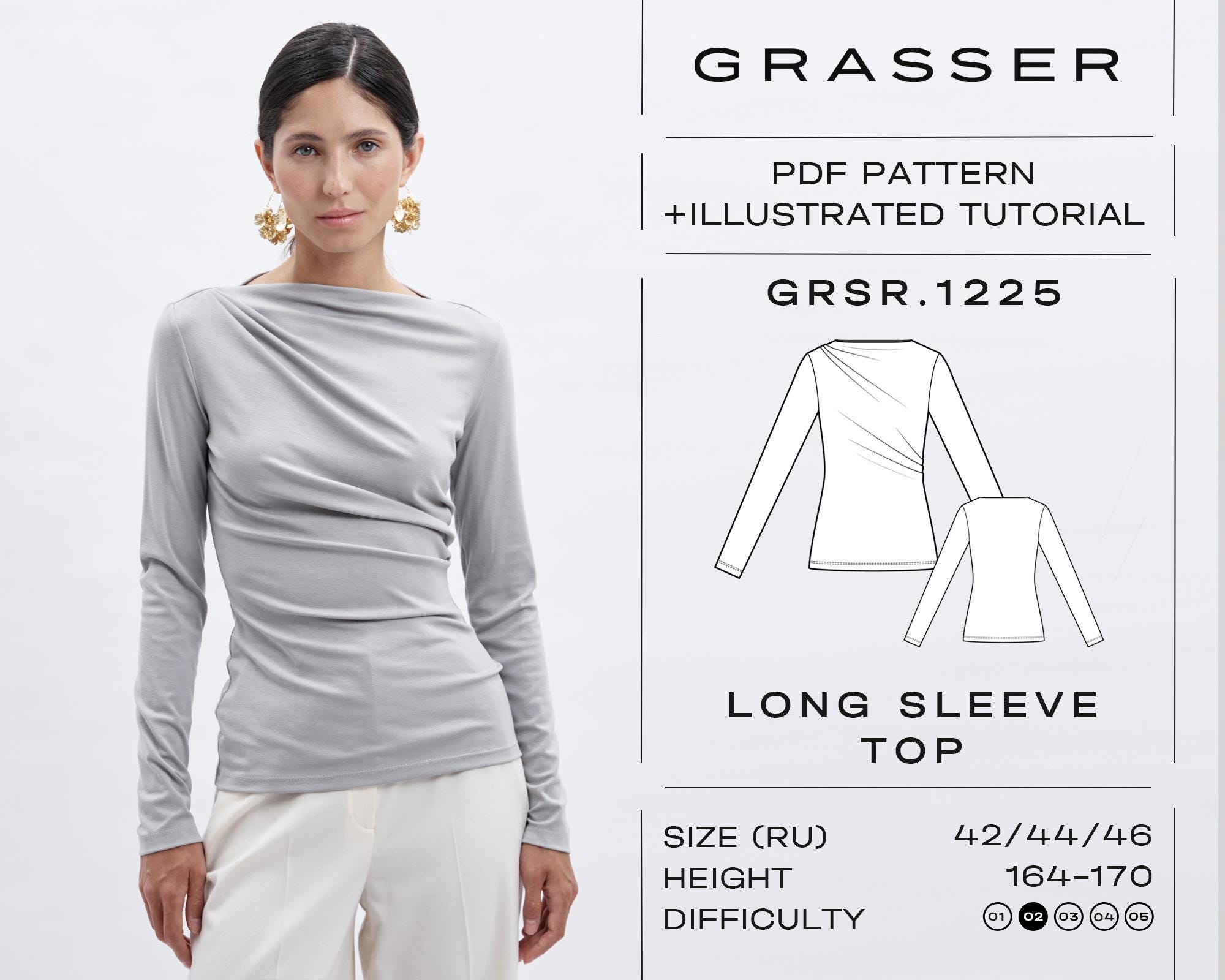 長袖Tシャツ PDF 縫製パターン | ボートネックトップス DIY | サイズ