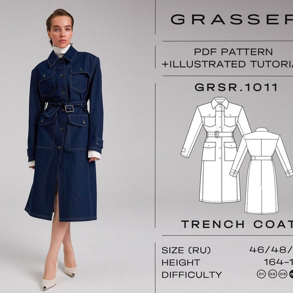 Patron de couture trench coat avec tuto tailles 46 / 48 / 50 (RU) | modèle n ° 1011