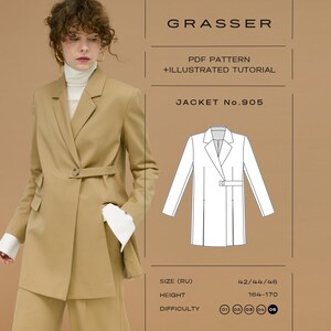 May include: A tan blazer with a notched lapel, long sleeves, and a single button closure at the waist. The image includes text: GRASSER, PDF PATTERN + ILLUSTRATED TUTORIAL, JACKET No.905, SIZE (RU) 42/44/46, HEIGHT 164-170, and DIFFICULTY 05.