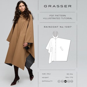 Pode incluir: Uma capa de chuva bege com capuz e fecho frontal de botões, ao lado de um desenho técnico rotulado Grasser PDF Pattern + Illustrated Tutorial Raincoat No. 1097, com tamanho RU 50-54 e altura 164-170 listados no documento.