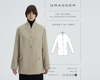 May include: A woman wearing a beige jacket with a black turtleneck. The jacket has a mandarin collar, two front pockets, and three buttons. The image also includes a diagram of the jacket and the text "GRASSER" and "JACKET No.1330".